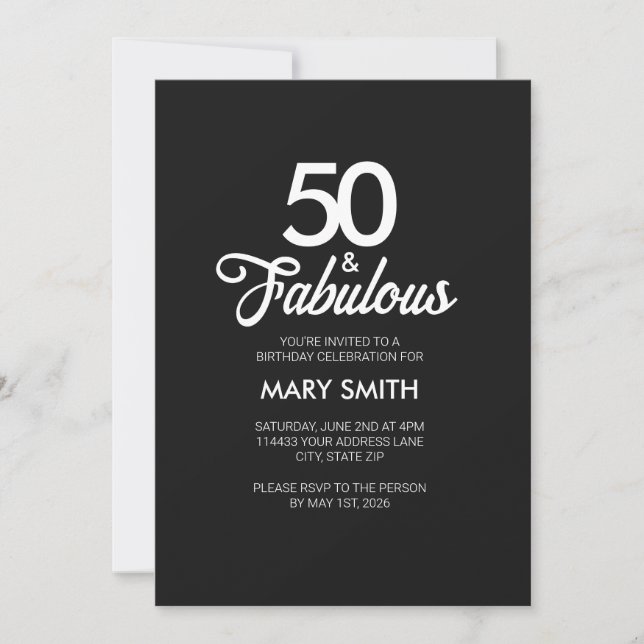 Convites Modern Fifty and Fabulous Black 50th Birthday (Frente)