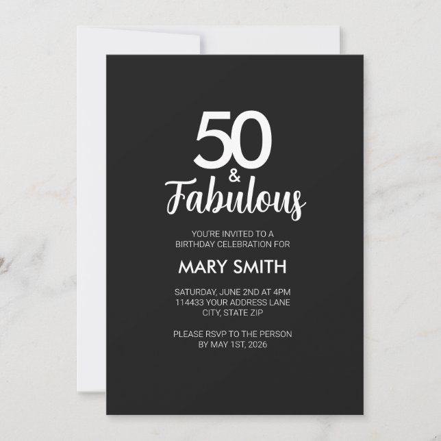 Convites Modern Fifty and Fabulous Black 50th Birthday (Frente)