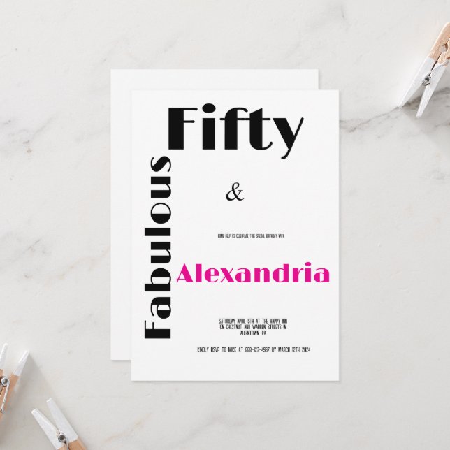 Convites Modern Fifty and Fabulous black pink Birthday (Frente/Verso In Situ)