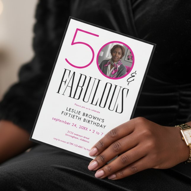 Convites Modern Fifty Fabulous Pink White Photo Birthday (Criador carregado)