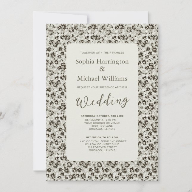 Convites Modern Floral Black & White Wedding Invite QR Code (Frente)