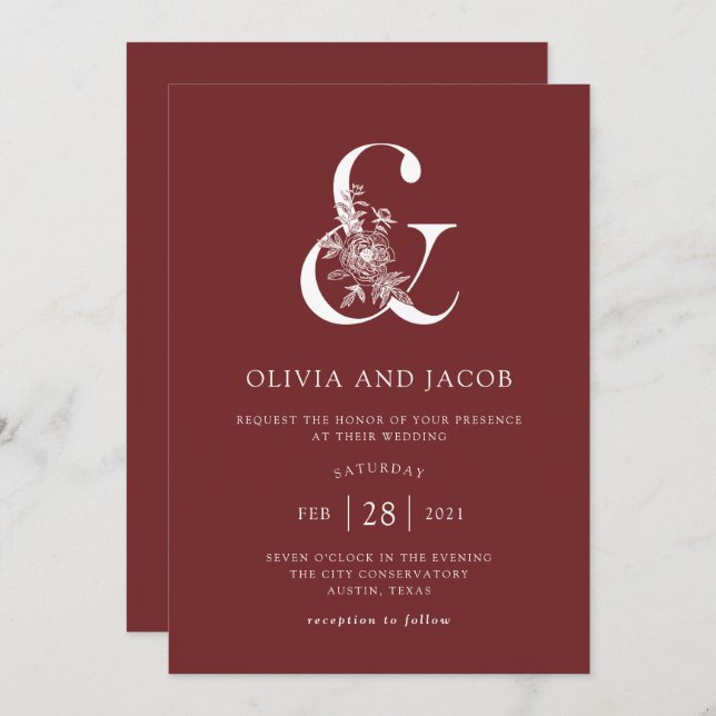 Convites Modern Floral | Burgundy Ampersand Wedding (Frente/Verso)
