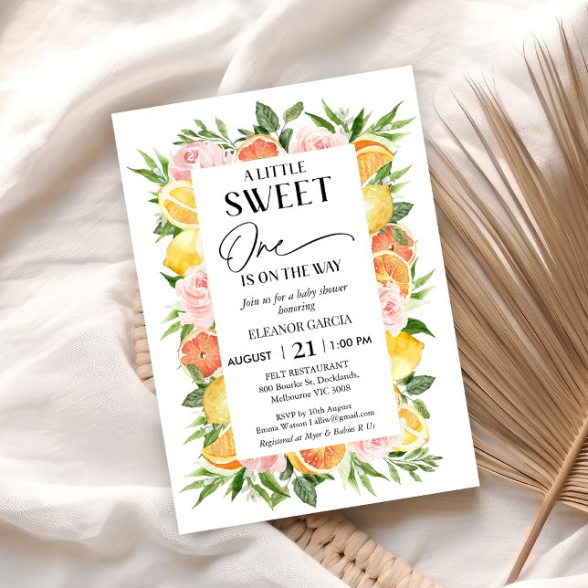 Convites Modern Floral Citrus Frame Sweet One Chá de fralda (Floral Citrus Little Sweet One Baby Shower Invitation, Lemon Orange Baby Shower Invitation, Pink)