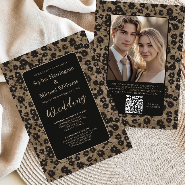 Convites Modern Floral Elegant Black Wedding Invite QR Code (Criador carregado)