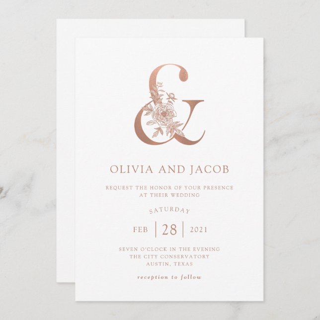 Convites Modern Floral | Faux Rosa Dourada Ampersand Weddin (Frente/Verso)