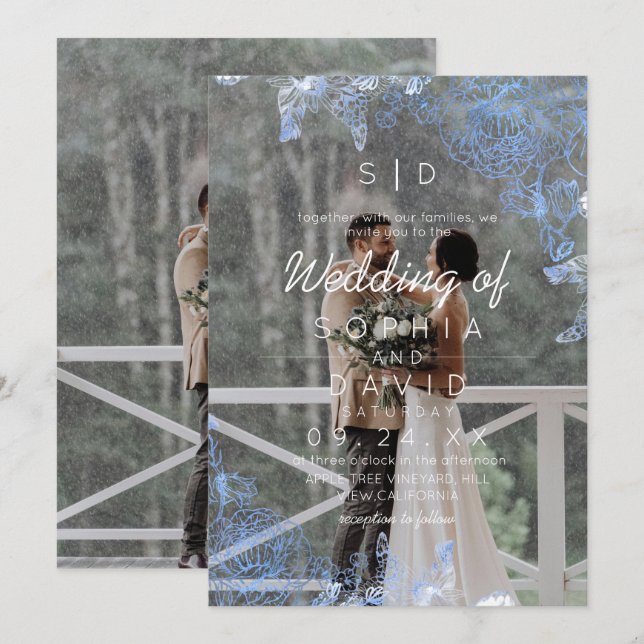 Convites Modern Floral Frame Photo Modern Wedding  (Frente/Verso)