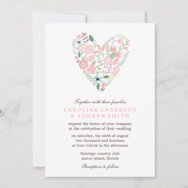 Convites Modern Floral Heart Wedding (Frente)