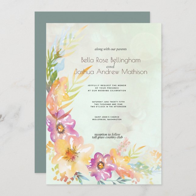 Convites Modern Floral Pastel Wedding (Frente/Verso)