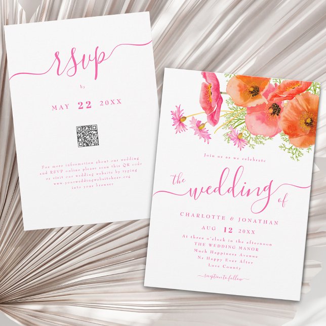 Convites Modern Floral Vibrant Pink Orange Wedding Qr Code (Modern boho chic vibrant wildflower watercolor floral bouquet pink orange wedding qr code invitation)