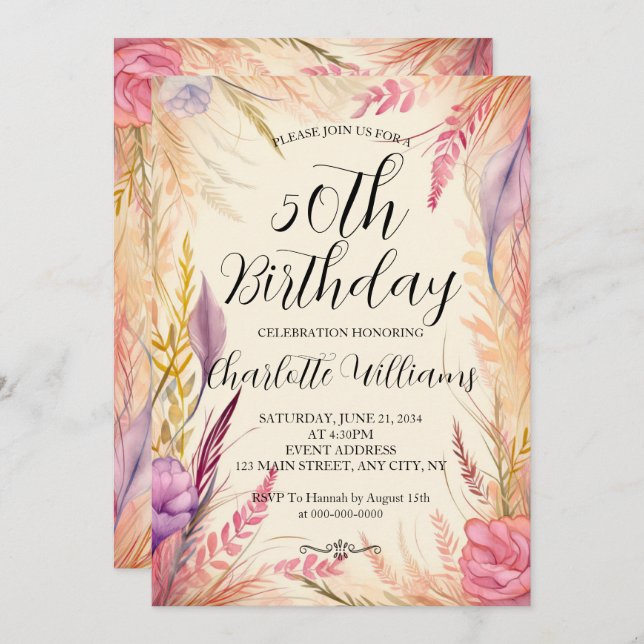 Convites Modern Floral Women 50th Birthday (Frente/Verso)
