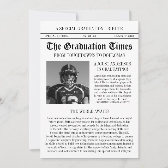 Convites Modern Football Player Newspaper Photo Graduation (Frente)