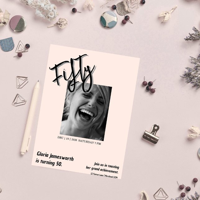 Convites Modern Funny Light Pink Photo 50th Birthday  (Criador carregado)