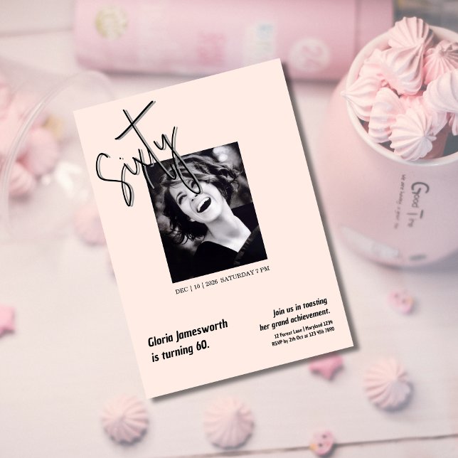 Convites Modern Funny Light Pink Photo 60th Birthday  (Criador carregado)