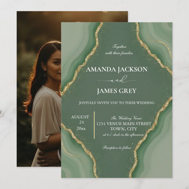 Convites Modern Geode Photo Back Sage Green Wedding  (Frente/Verso)