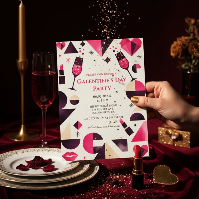 Convites Modern Geometric Galentine's Invitation (Geometric modern design with pink/burgundy/beige shapes)