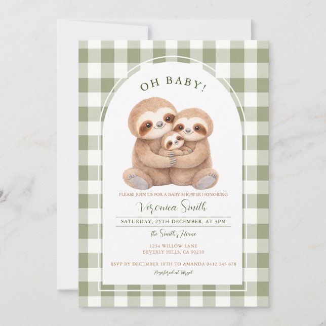 Convites Modern Gingham Family Sloth Baby Shower Invitation (Frente)