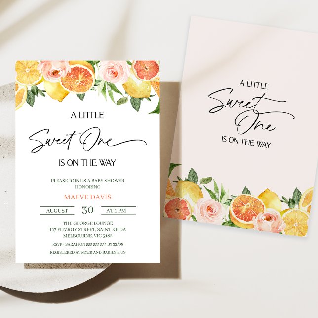 Convites Modern Girls Floral Citrus Sweet One Chá de fralda (Little Sweet One Baby Shower Invitation, Floral Citrus Baby Shower Invitation Girl, Lemons Oranges)