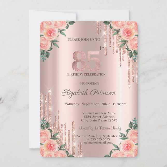 Convites Modern Glitter Drips Floral Rosa Dourado 85º  (Frente)