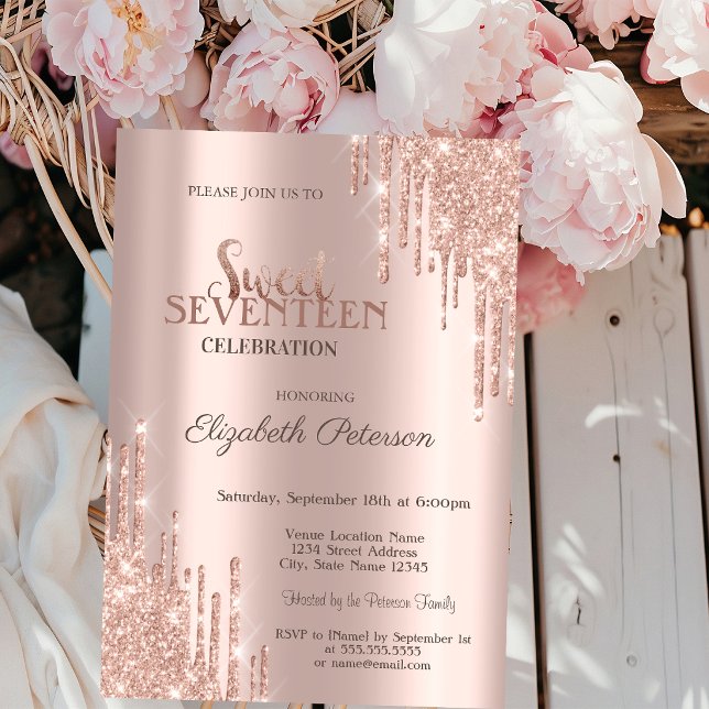 Convites Modern Glitter Drips Rose Gold  Aniversário de 17  (Criador carregado)