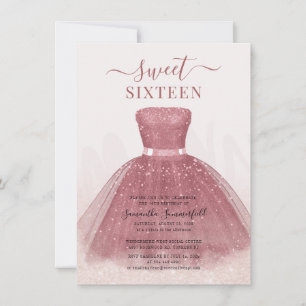 Convites Modern Glitter Sweet 16 Script Rosa Dourado