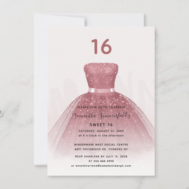 Convites Modern Glitter Sweet 16 Script Rosa Dourado Birthd (Frente)