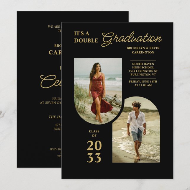 Convites Modern Gold Black Double Grad 2 Photo TMF26 (Frente/Verso)