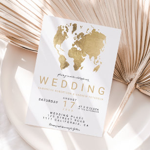 Convites Modern gold chic world map wedding