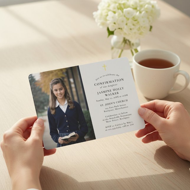 Convites Modern Gold Cross Photo Confirmation Invite (Criador carregado)