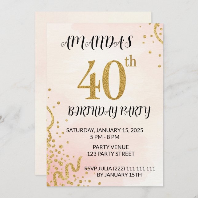 Convites Modern Gold Glitter 40th Birthday (Frente/Verso)