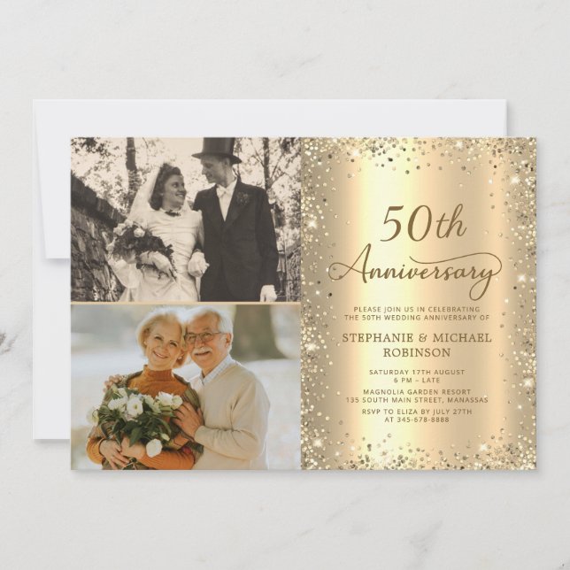 Convites Modern Gold Glitter Photo 50th Wedding Anniversary (Frente)