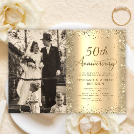 Convites Modern Gold Glitter Photo 50th Wedding Anniversary