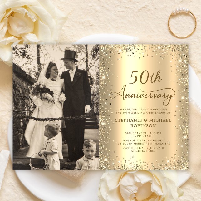 Convites Modern Gold Glitter Photo 50th Wedding Anniversary (Criador carregado)