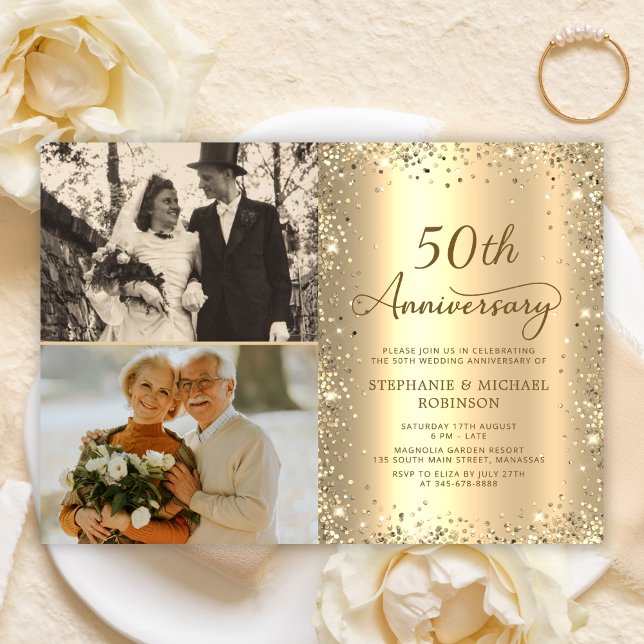Convites Modern Gold Glitter Photo 50th Wedding Anniversary (Criador carregado)