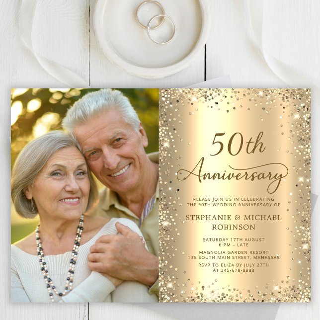 Convites Modern Gold Glitter Photo 50th Wedding Anniversary (Criador carregado)
