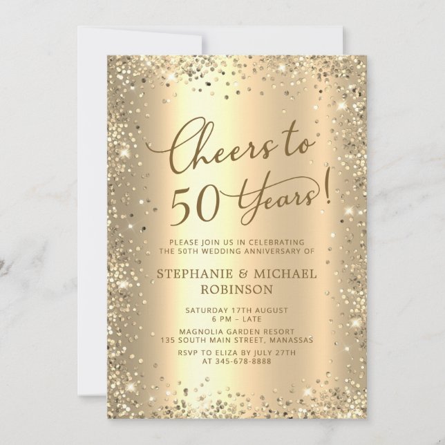 Convites Modern Gold Glitter Photo 50th Wedding Anniversary (Frente)