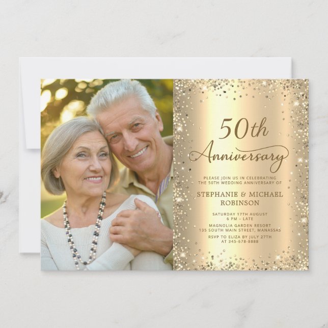 Convites Modern Gold Glitter Photo 50th Wedding Anniversary (Frente)