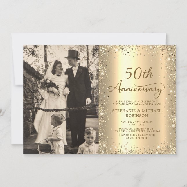 Convites Modern Gold Glitter Photo 50th Wedding Anniversary (Frente)
