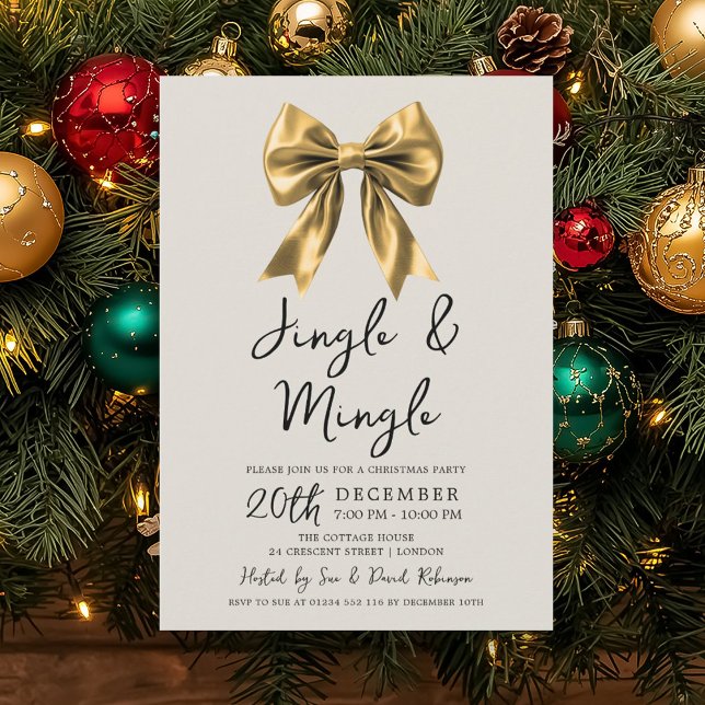 Convites Modern Gold Jingle & Mingle Christmas Party Bow (Modern Gold Jingle & Mingle Christmas Party Bow Invitation)