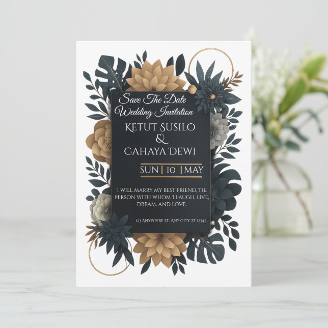 Convites  Modern Gold & Navy Floral Wedding Invitation  (Em pé/Frente)