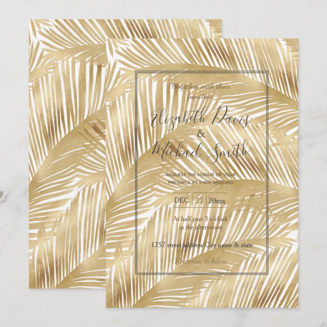 Convites Modern Gold Palm Leaf Tropical Pattern (Frente/Verso)
