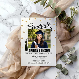 Convites Modern Gold Polka Dot Graduation Party Photo 