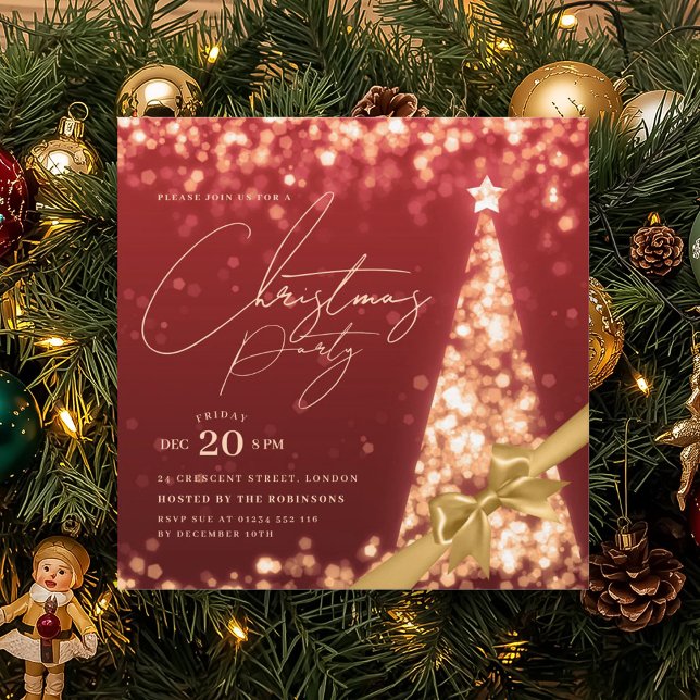Convites MODERN Gold Red Winter Christmas Tree Bow Party  (MODERN Gold Red Winter Christmas Tree Bow Party Invitation)