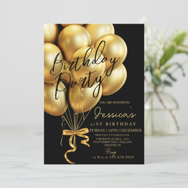 Convites Modern Gold Script Black Birthday Party (Em pé/Frente)