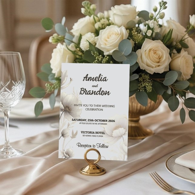 Convites Modern Gold Sketch Flowers | White Wedding (Criador carregado)