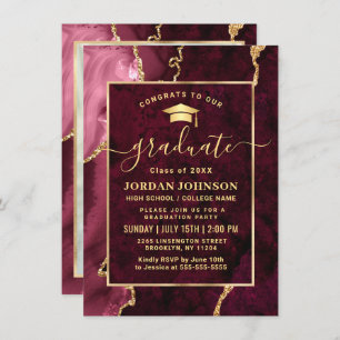 Convites Modern Golden Burgundy Marble Graduation Party