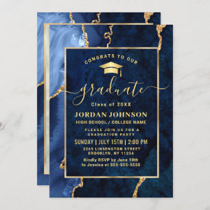Convites Modern Golden Navy Blue Marble Graduation Party