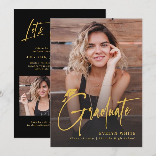 Convites Modern Grad Cap Script 4 Photo Simple Graduation (Frente/Verso)