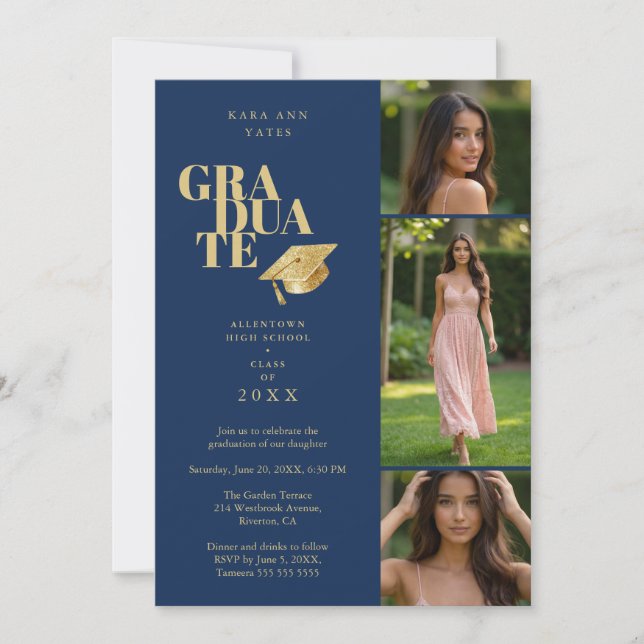 Convites Modern Graduate Collage 3-Photos Navy Blue & Gold (Frente)