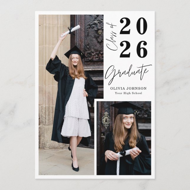 Convites Modern Graduate Script 3 Photo Graduation Party (Frente)