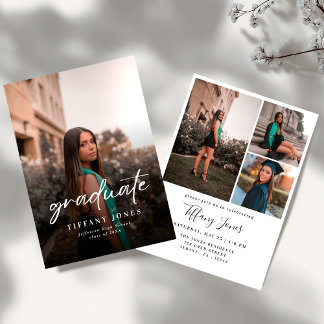 Convites Modern Graduate White Script 4 Photos Graduation